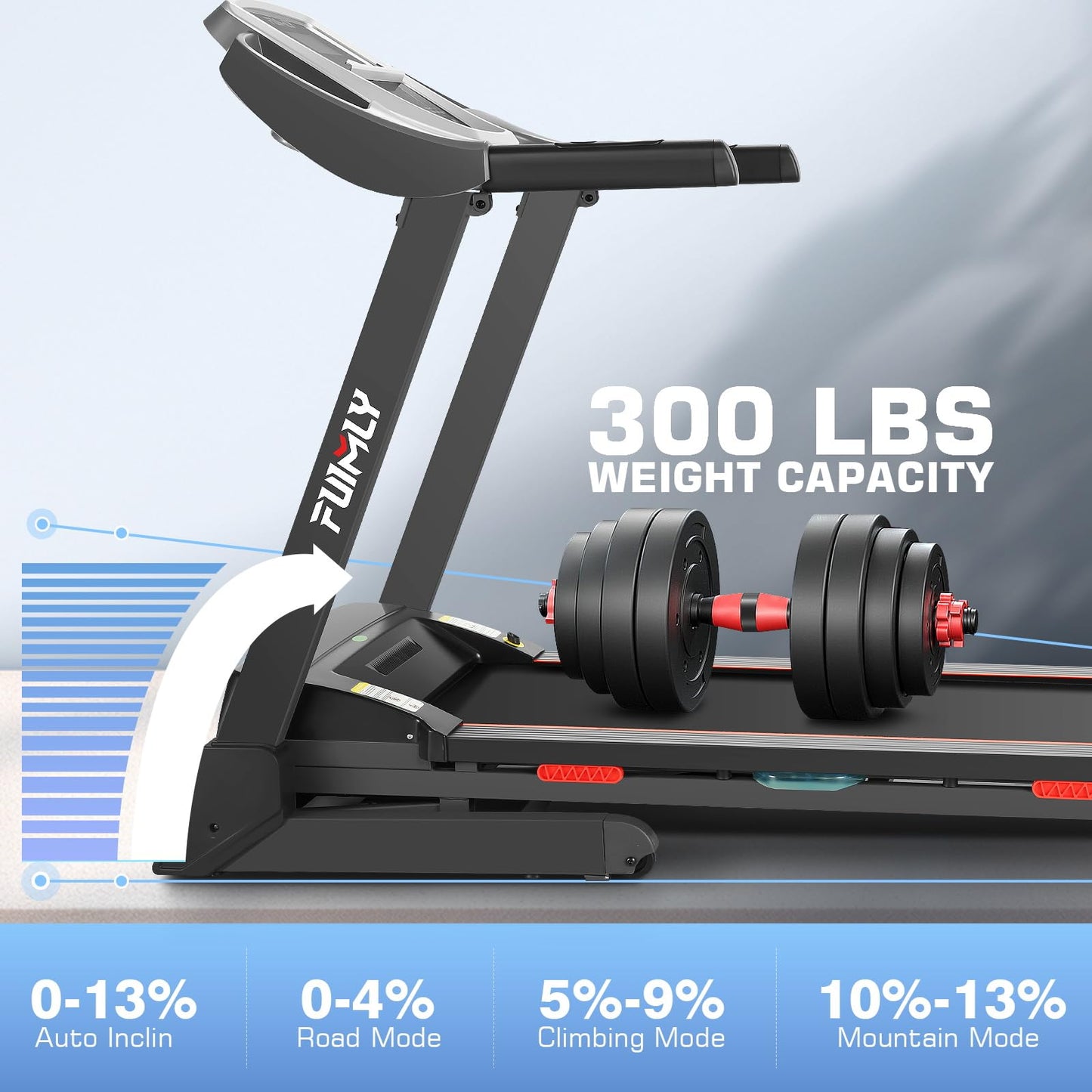 FUNMILY Foldable 13% Auto Incline 3HP Treadmill for Home , 300 lb Capacity,Speed Range 0.6~9MPH