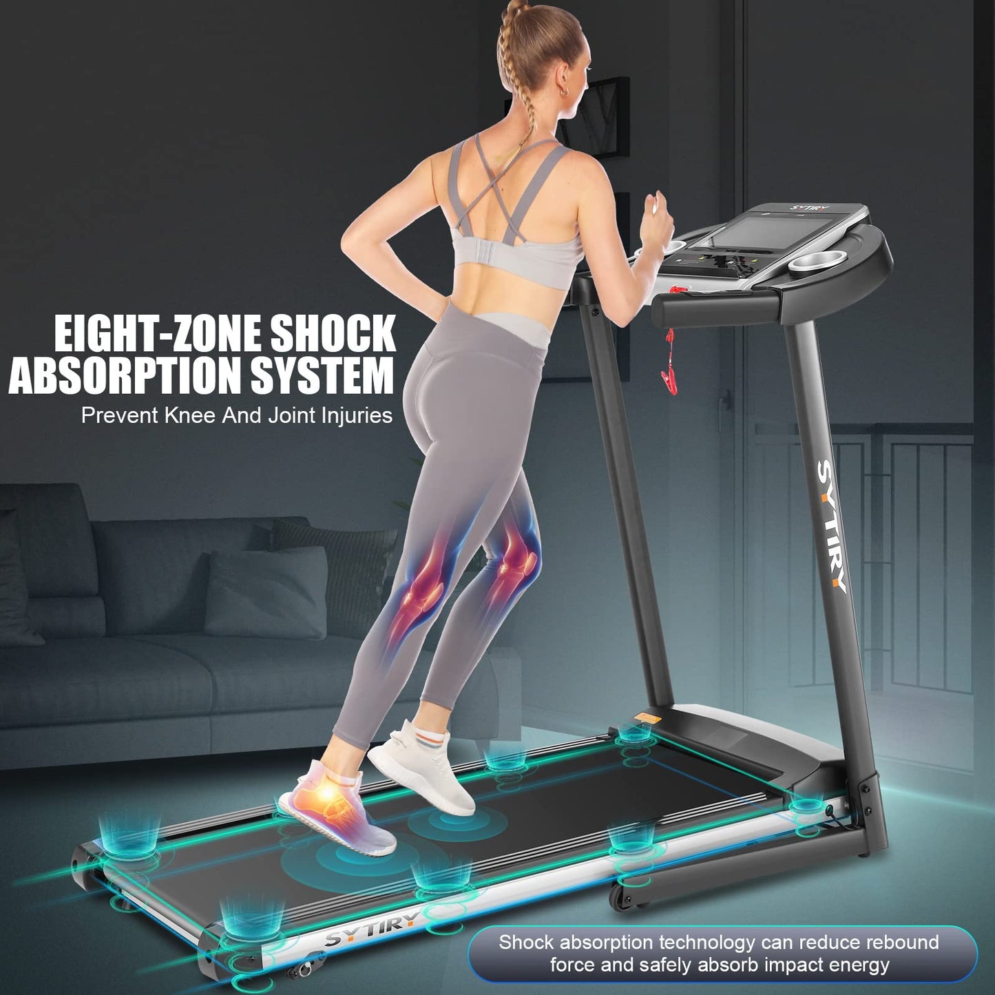 SYTIRY 3.25HP Folding Incline Treadmill with Large 10" HD TV Touch