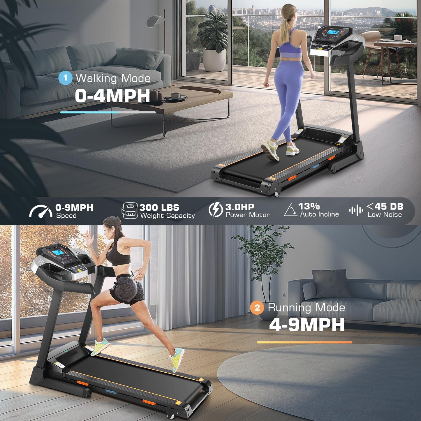 ANCHEER Folding Treadmill with Auto Incline, Smart App Control, Bluetooth Audio Speaker, LED Display, Max 9 MPH