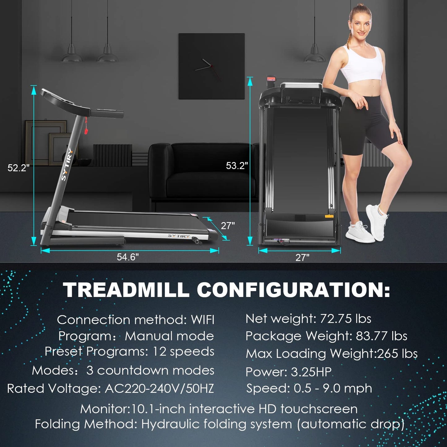 SYTIRY 3.25HP Folding Incline Treadmill with Large 10" HD TV Touch
