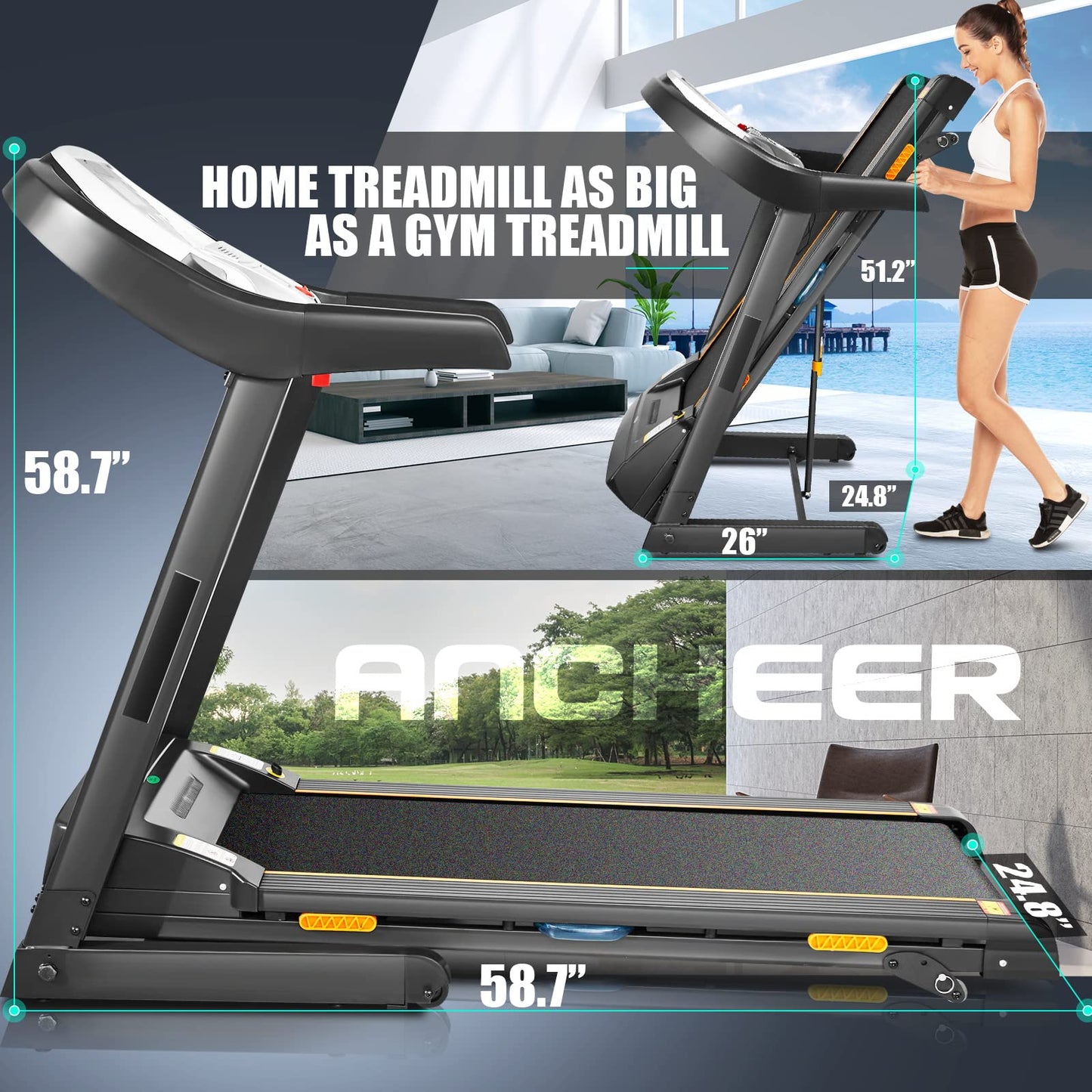 ANCHEER Folding Treadmill with Auto Incline, Smart App Control, Bluetooth Audio Speaker, LED Display, Max 9 MPH