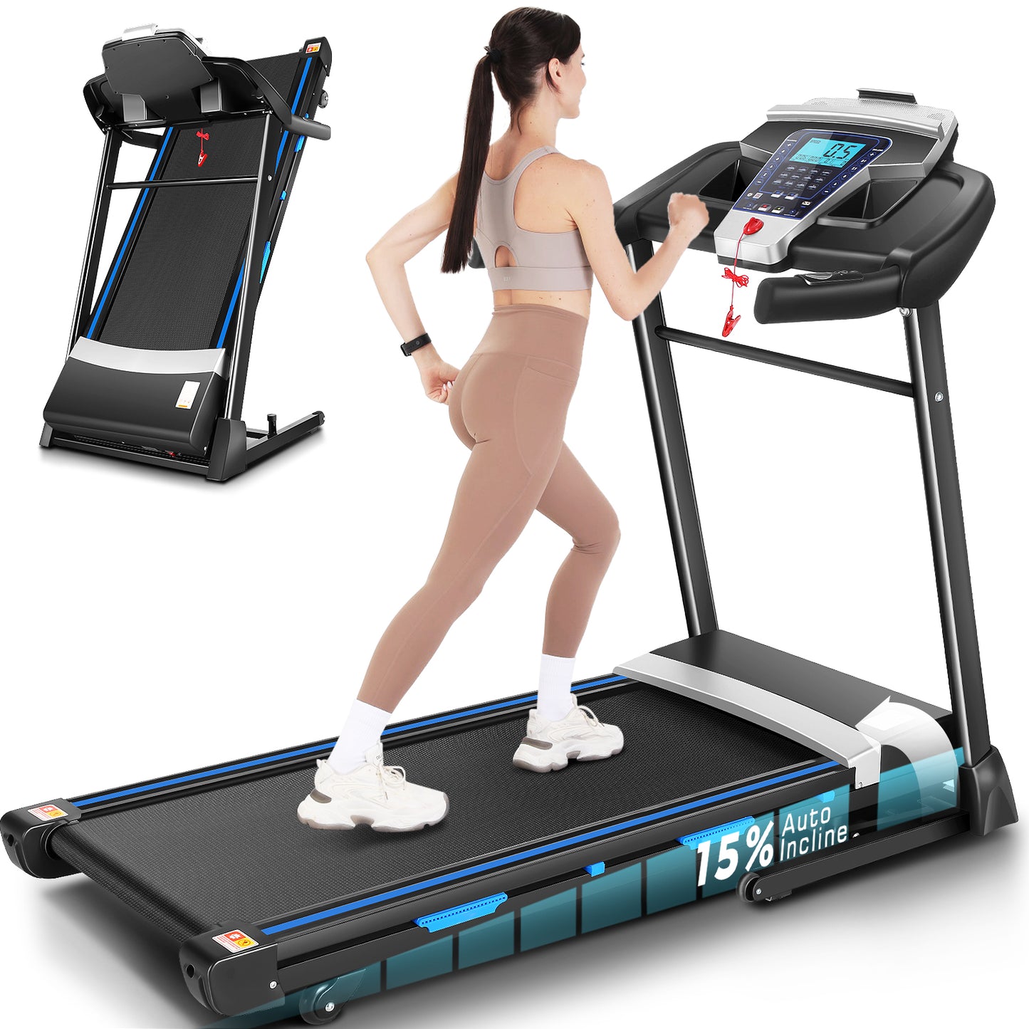 ANCHEER Folding Treadmill with 15% Auto Incline,3.25HP Ultra-silent Motor, Speed Range of 0.6~10MPH,300lb Capacity, APP & Bluetooth Speakers,Treadmills for Home Running and Walking