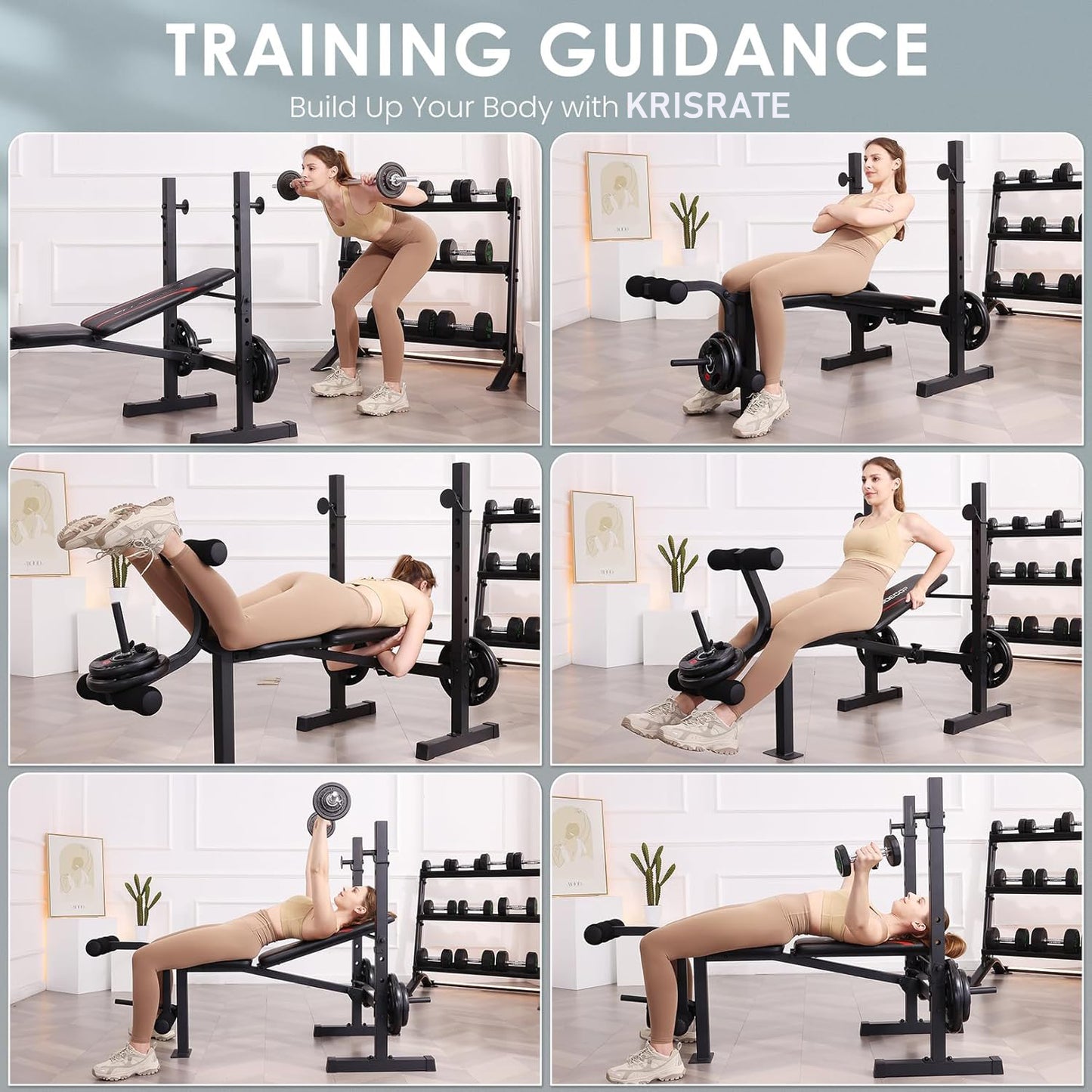 KRISRATE 600LBS Foldable Weight Bench Set with Squat Rack, Adjustable Bench Press Set w/ Leg Extension & Leg Curl, Flat Incline Decline Workout Bench