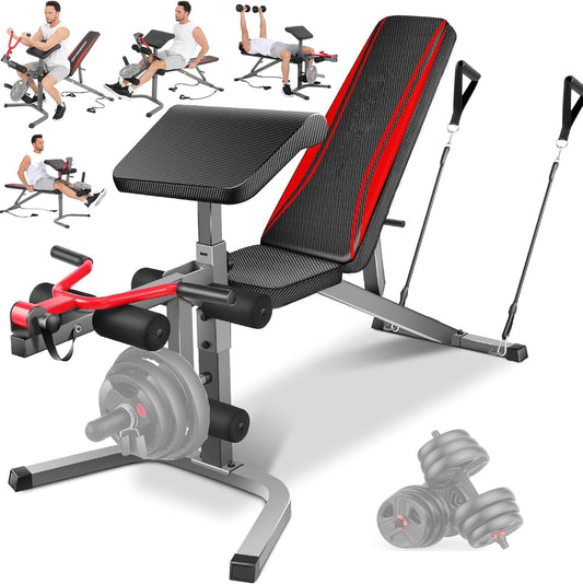 KRISRATE Weight Bench with Leg Extension & Leg Curl & Preacher Curl,Adjustable Weight Bench Press Set Incline Decline Flat Workout Bench for Home Gym