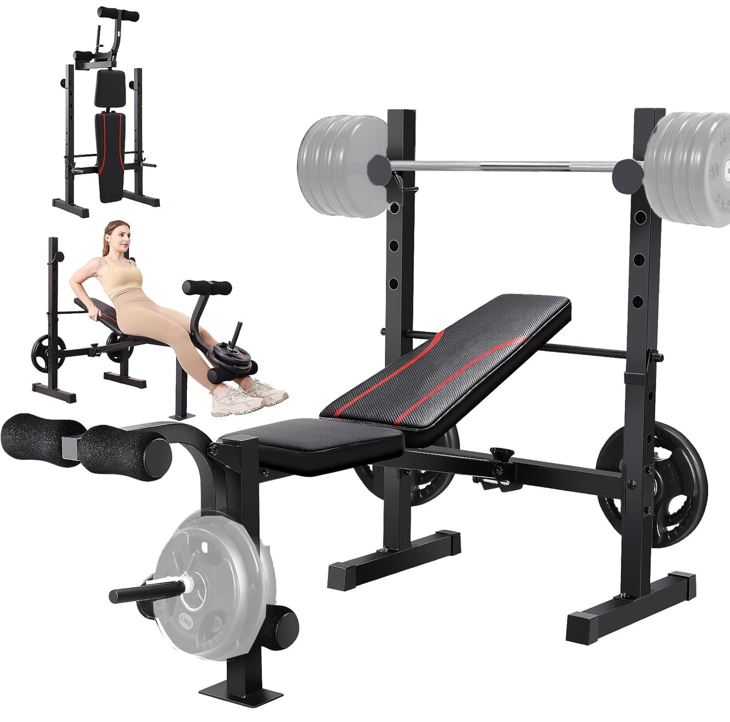 KRISRATE 600LBS Foldable Weight Bench Set with Squat Rack, Adjustable Bench Press Set w/ Leg Extension & Leg Curl, Flat Incline Decline Workout Bench