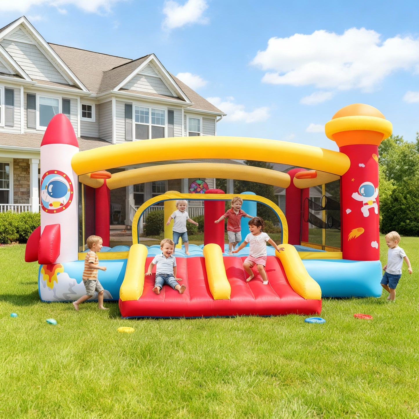 KRISRATE Large Inflatable Bounce House 13×11FT, Bouncy Castle with Double Slide, Basketball Hoops & Obstacle Course, Big Jump Area with 550W Blower