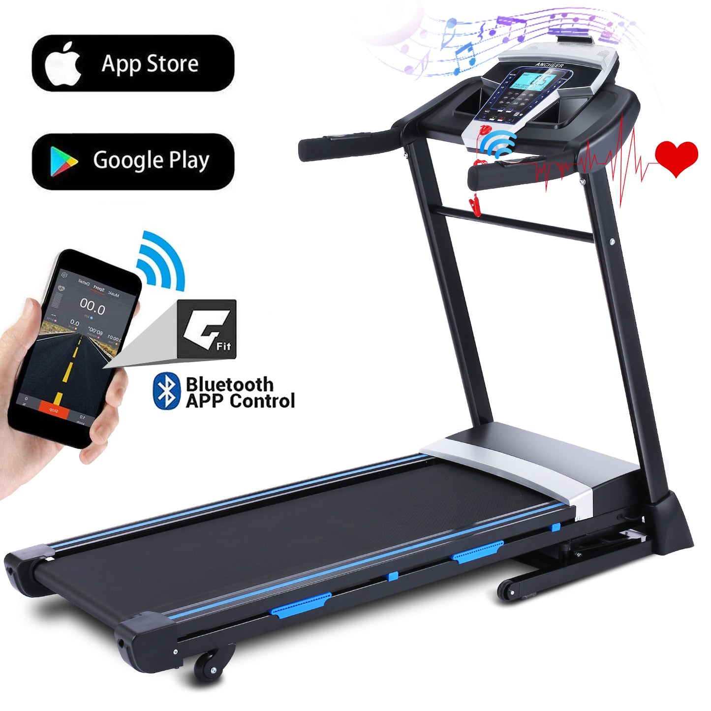 ANCHEER Folding Treadmill with 15% Auto Incline,3.25HP Ultra-silent Motor, Speed Range of 0.6~10MPH,300lb Capacity, APP & Bluetooth Speakers,Treadmills for Home Running and Walking