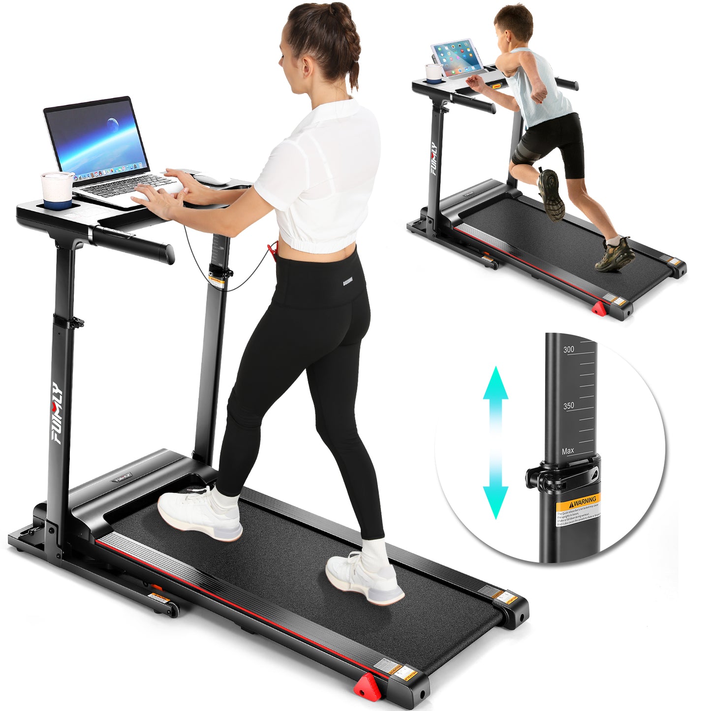 FUNMILY Treadmill with Desk Workstation & Adjustable Height,Folding Treadmill with Incline,Speed Range 0.6-7.5 mph,300 LBS Weight Capacity