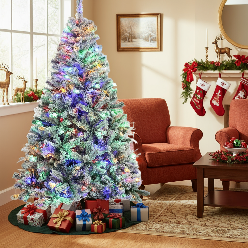 KRISRATE 6 FT Snow Flocked Artificial Christmas Tree with 300 Multi-Color/Warm White Lights, Pre-lit Artificial Tree with 956 Branch Tips,Metal Stand