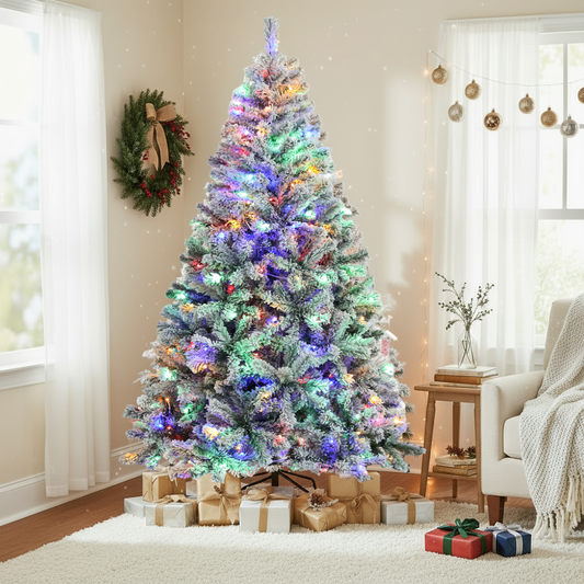 KRISRATE 6 FT Snow Flocked Artificial Christmas Tree with 300 Multi-Color/Warm White Lights, Pre-lit Artificial Tree with 956 Branch Tips,Metal Stand