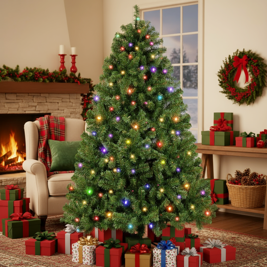 KRISRATE 6FT Pre-Lit Artificial Christmas Tree Full Tree with 1455 PVC Branch Tips, 250 Multicolored Lights/Warm White Lights,8 Light Sequences,Green