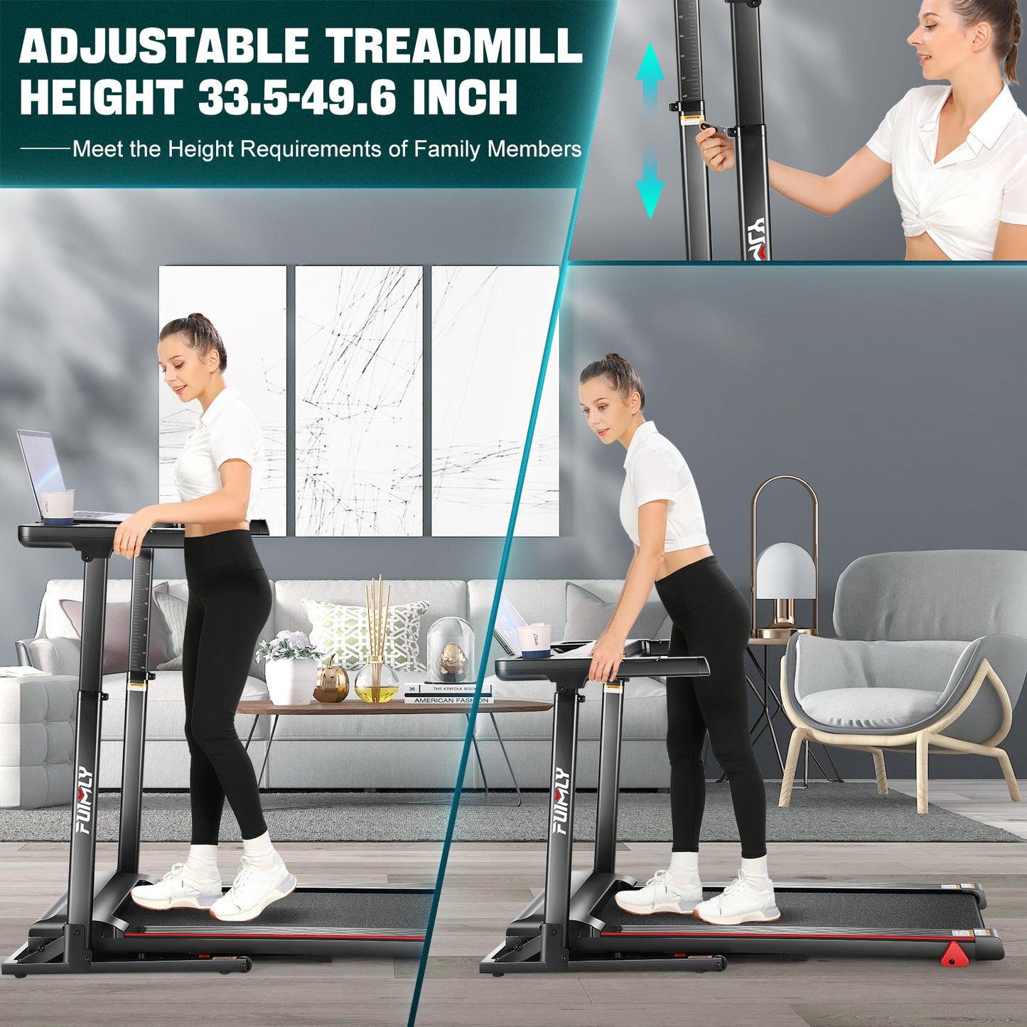 FUNMILY Treadmill with Desk Workstation & Adjustable Height,Folding Treadmill with Incline,Speed Range 0.6-7.5 mph,300 LBS Weight Capacity