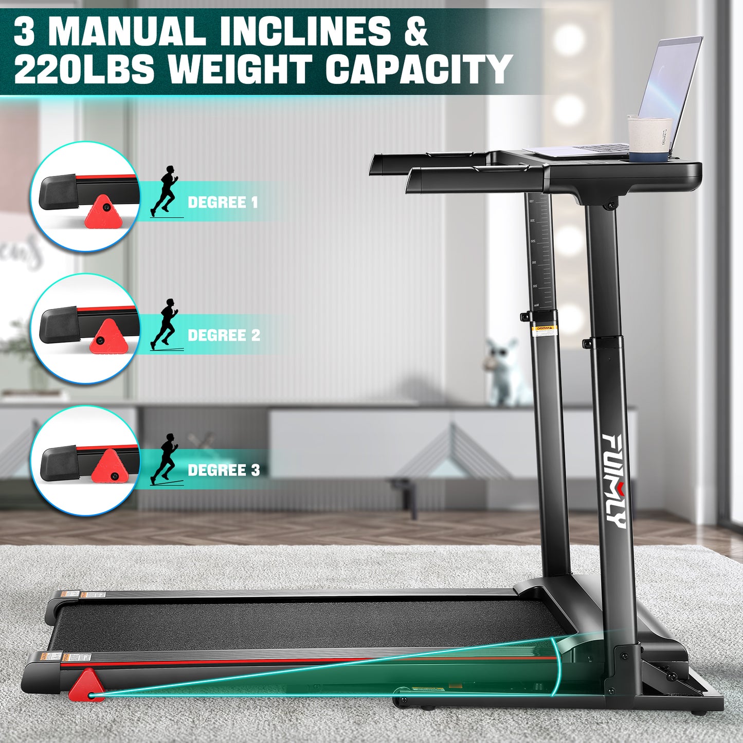 FUNMILY Treadmill with Desk Workstation & Adjustable Height,Folding Treadmill with Incline,Speed Range 0.6-7.5 mph,300 LBS Weight Capacity