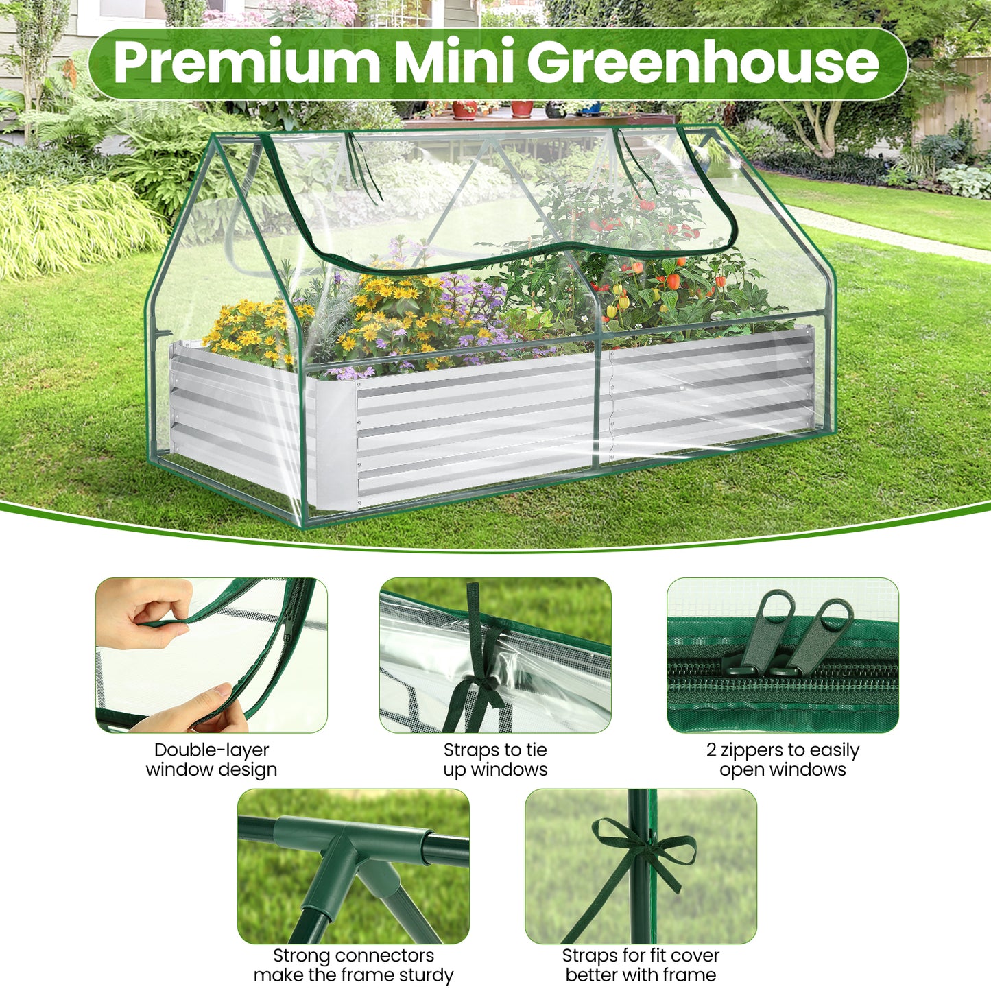 KRISRATE 6x3x3ft Galvanized Raised Garden Bed with Clear Cover - Extra-Thick Steel Mini Greenhouse Kit w/ 2 Zipper Windows & Gloves for Vegetables