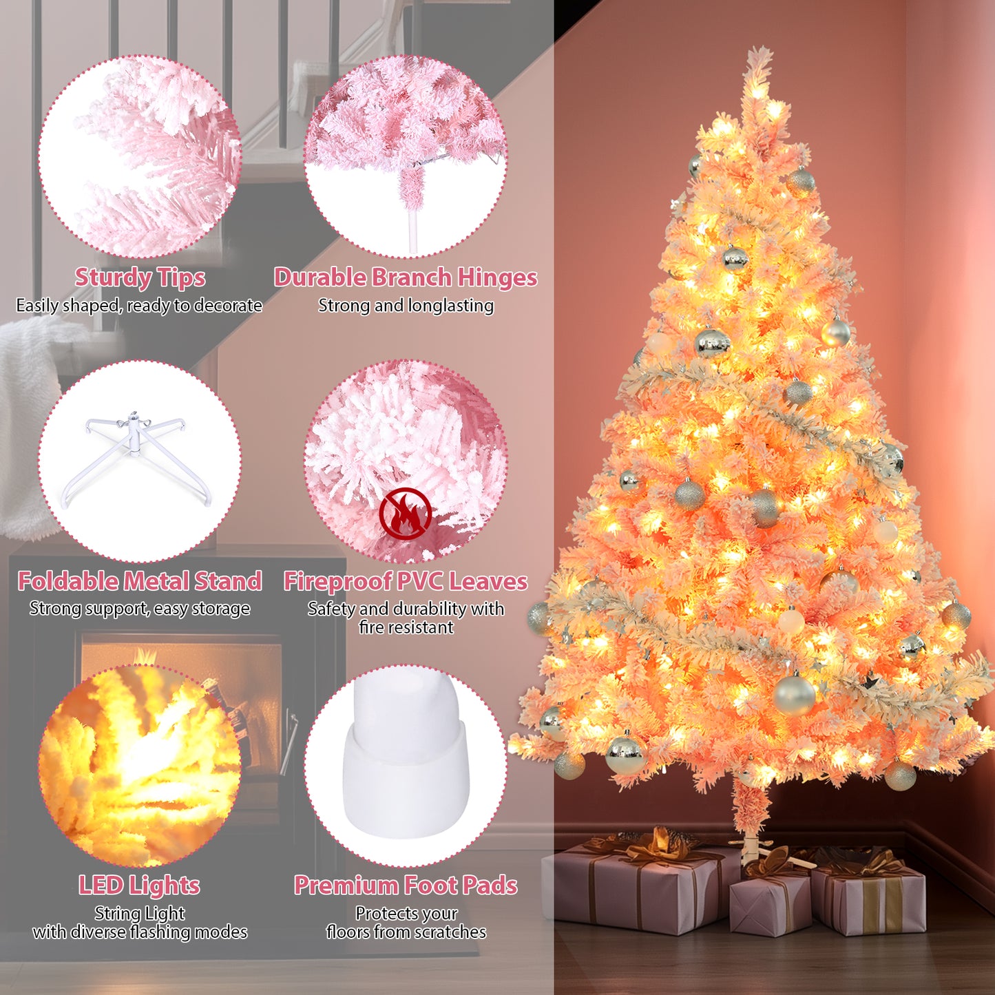 KRISRATE 6FT Pre-lit Pink Flocked Artificial Christmas Tree 8 Adjustable Light Modes, 250 LED Lights, 640 PVC Branch Tips, Foldable Metal Stand, Pink