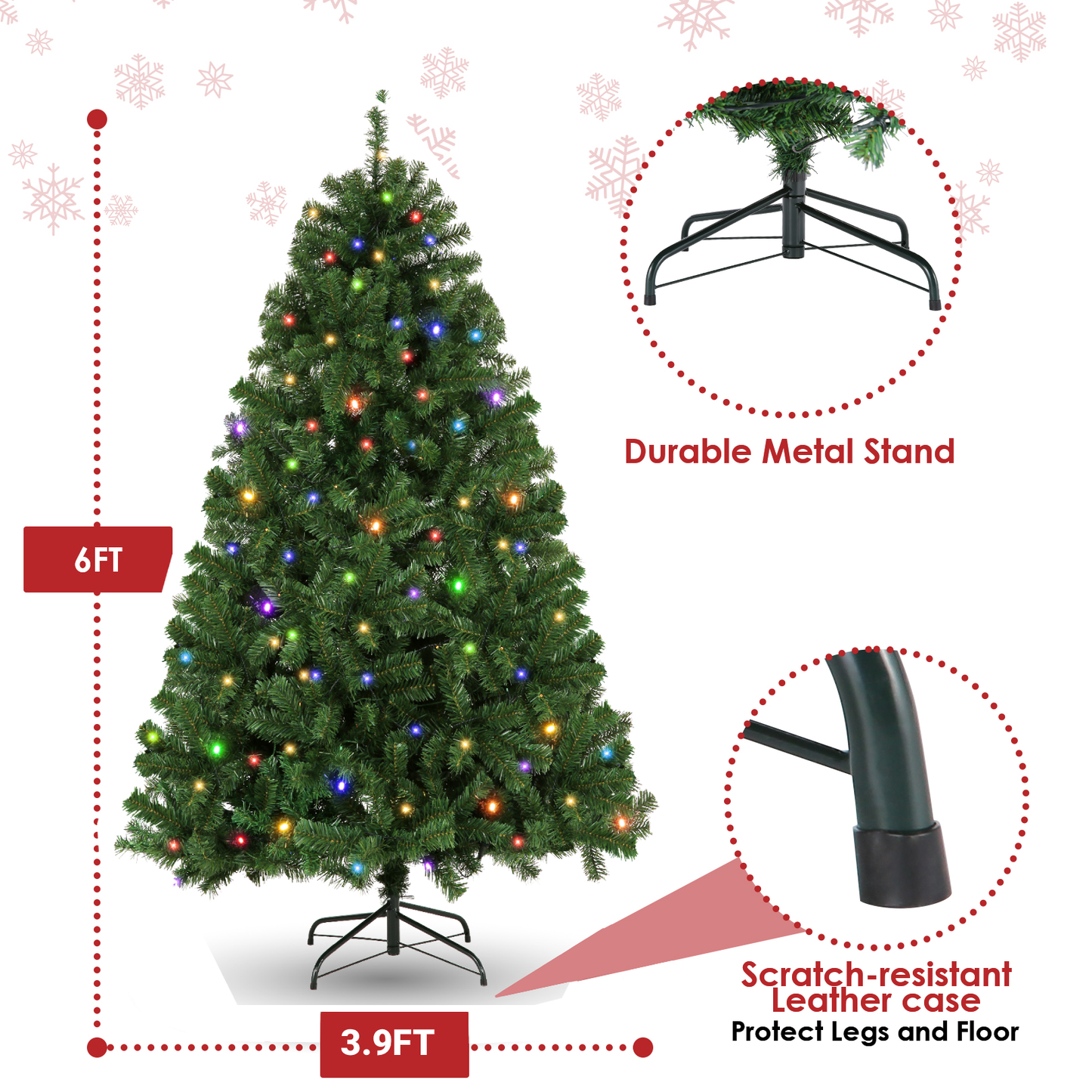 KRISRATE 6FT Pre-Lit Artificial Christmas Tree Full Tree with 1455 PVC Branch Tips, 250 Multicolored Lights/Warm White Lights,8 Light Sequences,Green