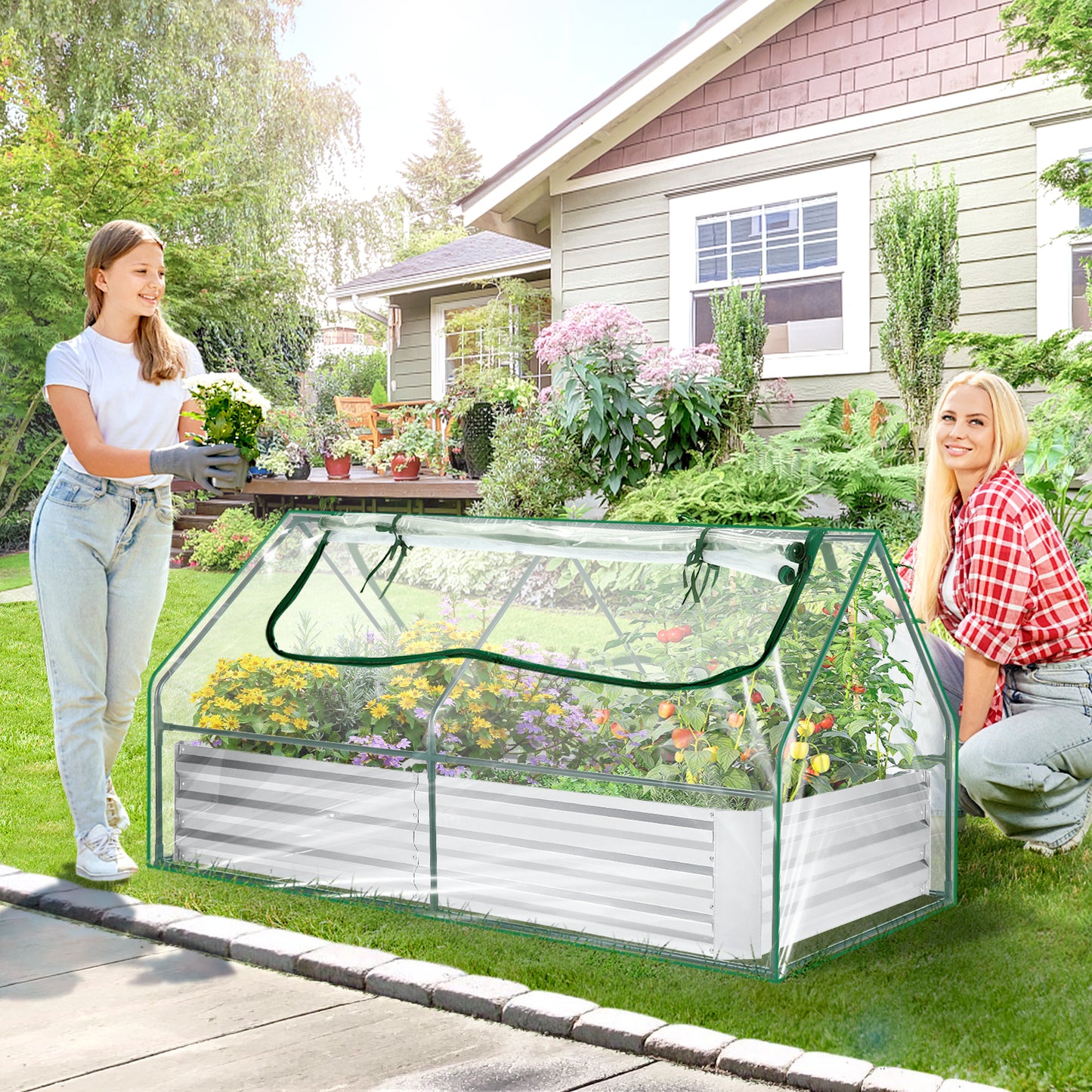 KRISRATE 6x3x3ft Galvanized Raised Garden Bed with Clear Cover - Extra-Thick Steel Mini Greenhouse Kit w/ 2 Zipper Windows & Gloves for Vegetables