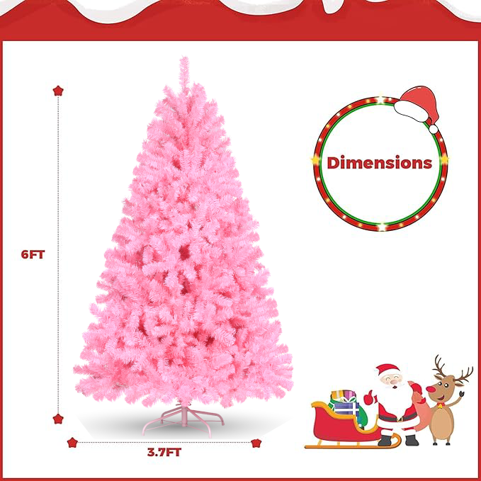 KRISRATE 6FT Premium Hinged Artificial Christmas Tree, 1455 PVC Branch Tips, Easy Assembly & Party Decoration, Foldable Metal Stand, Pink/Green/Black