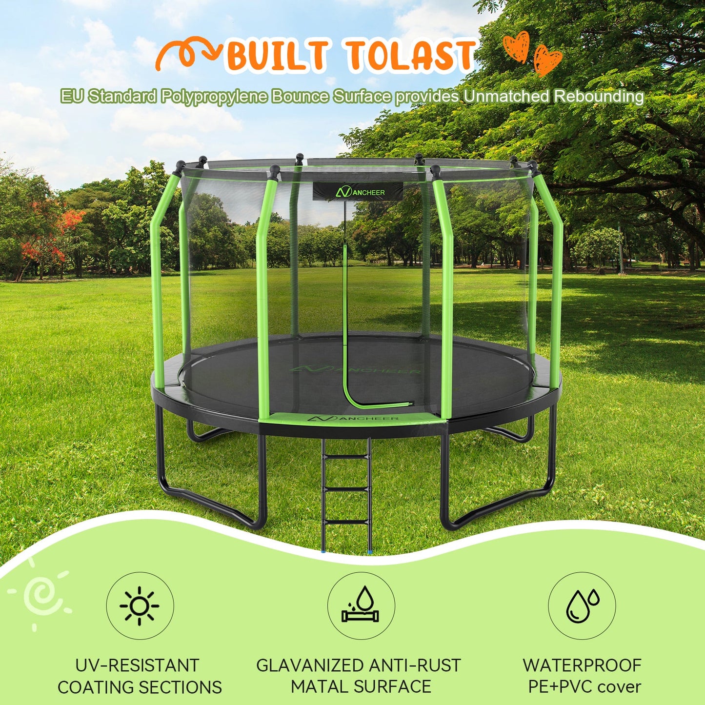 ANCHEER Trampoline 8FT 12FT 14FT, Recreational Trampoline with Enclosure for Kids Adults, ASTM Approved Outdoor Trampoline with Ladder