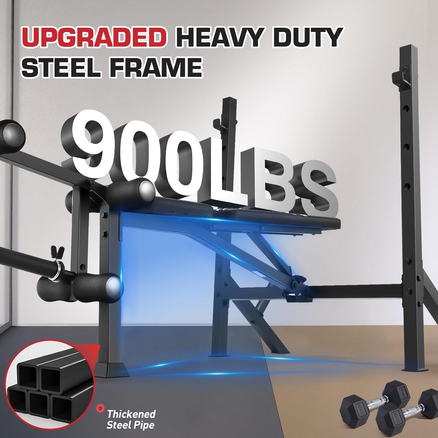 KRISRATE 900LBS Weight Bench Set with Squat Rack, Adjustable Bench Press Set with Leg Extension and Leg Curl, Flat Incline Decline Workout Bench