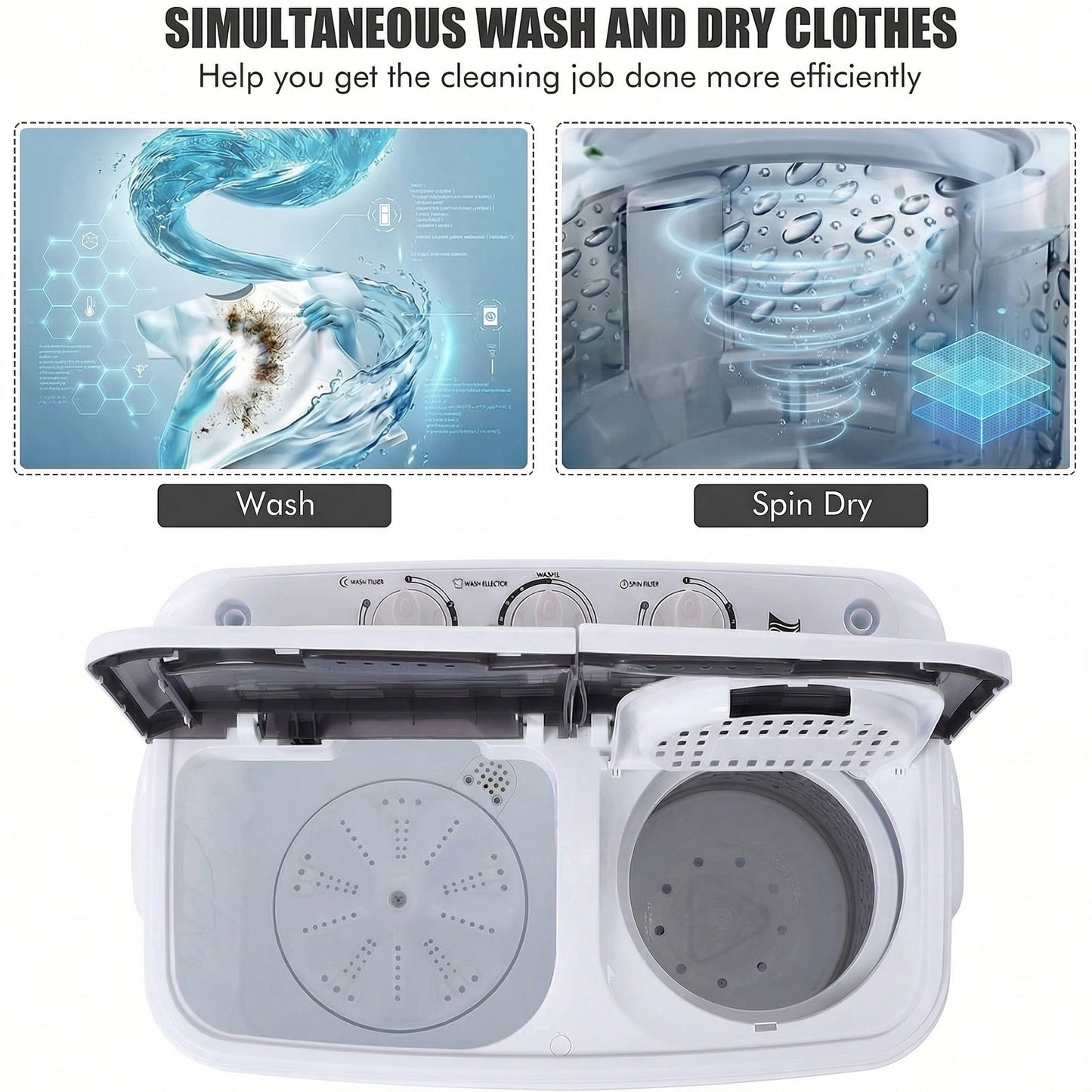 KRISRATE 14.3Lbs Semi-Automatic Mini Compact Portable Twin Tub Washing Machine, 7.7lbs Washer 6.6lbs Spinner Combo for Apartments, Dorms, RVs, Gray