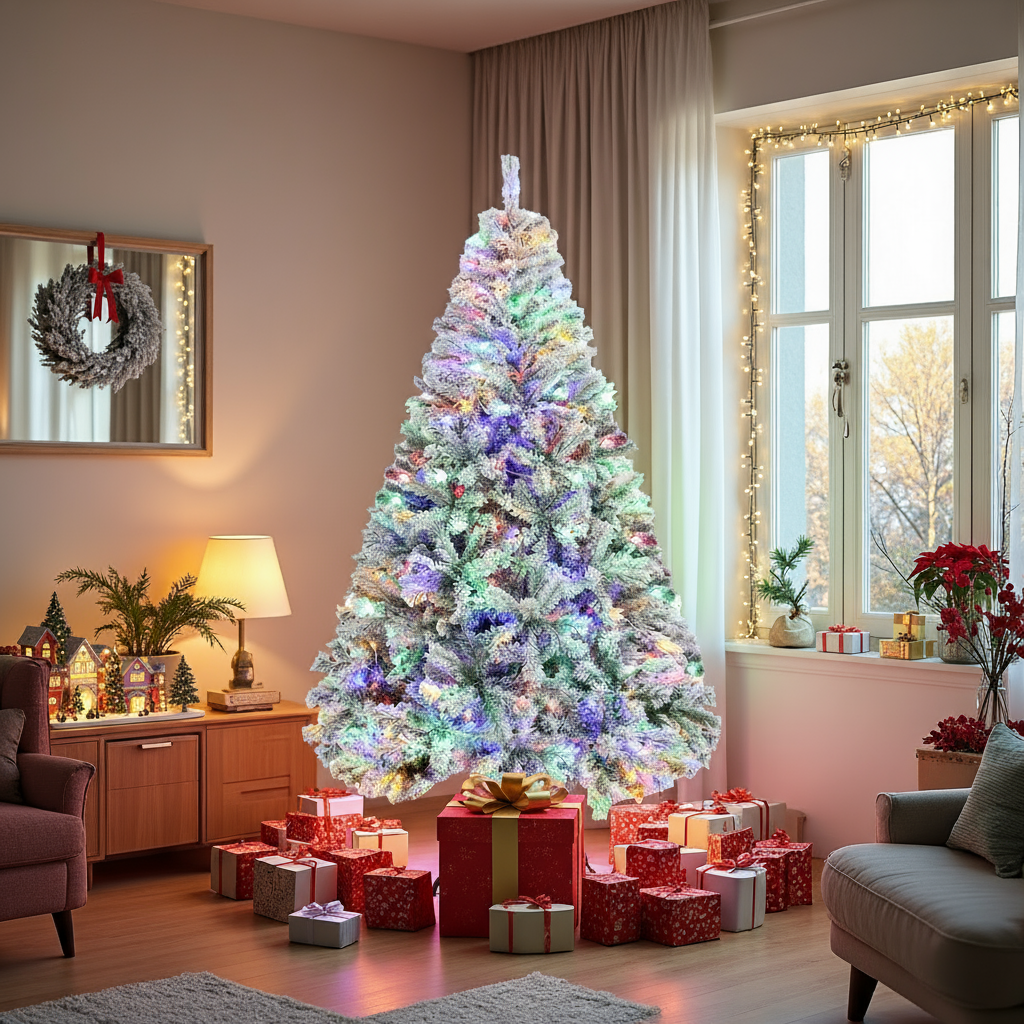 KRISRATE 6 FT Snow Flocked Artificial Christmas Tree with 300 Multi-Color/Warm White Lights, Pre-lit Artificial Tree with 956 Branch Tips,Metal Stand