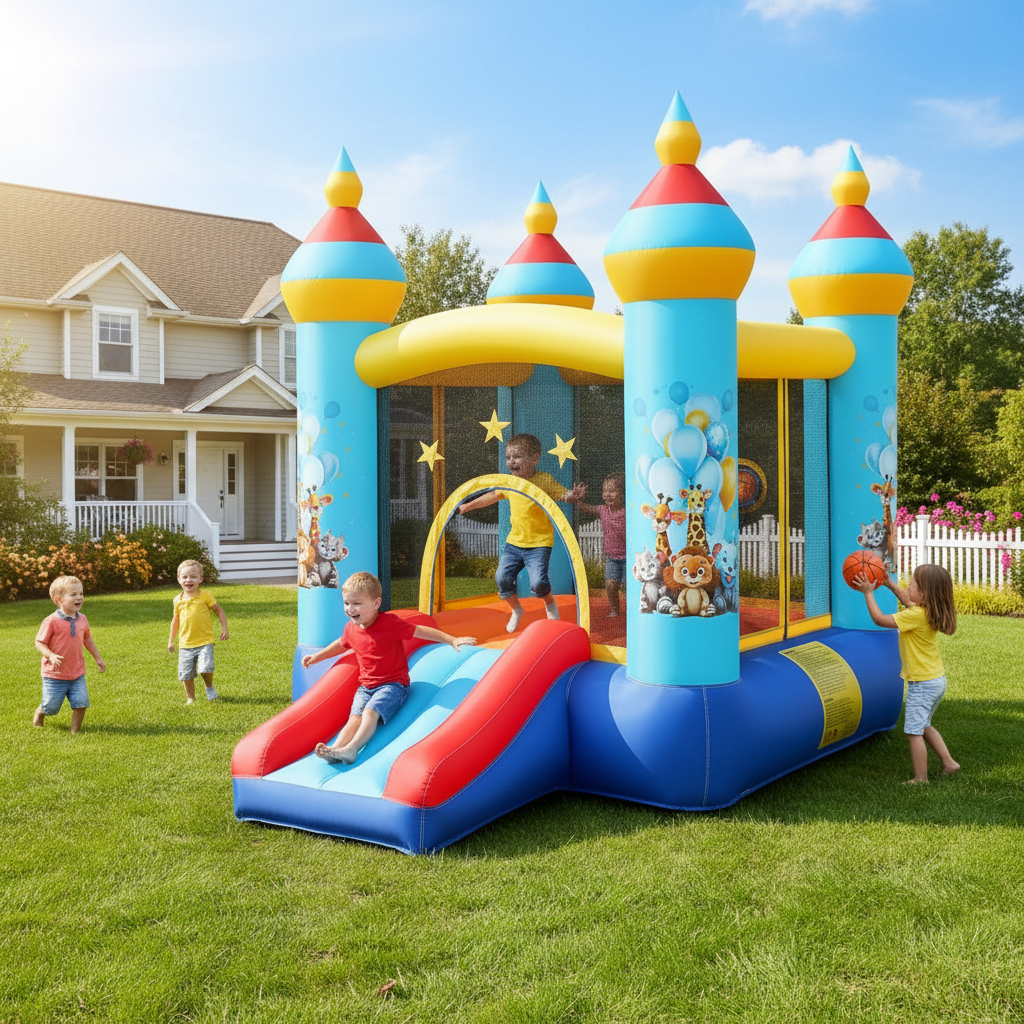 KRISRATE Bounce House with Slide -Animal Themed Inflatable Castle with 370W Blower, Jumping Area & Ball Pitching Game, Indoor Outdoor Bouncy Playhouse