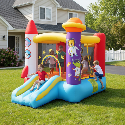 KRISRATE Inflatable Bounce House for Kids with Slide & Blower - Astronaut Rocket Theme Bouncy Castle with Jumping Area, Ball Toss Game, Indoor Outdoor
