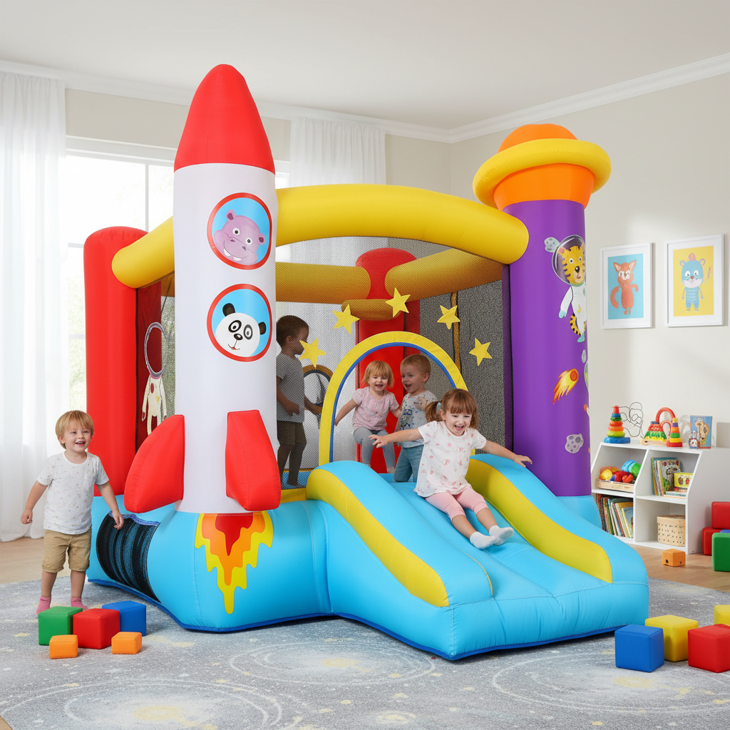 KRISRATE Inflatable Bounce House for Kids with Slide & Blower - Astronaut Rocket Theme Bouncy Castle with Jumping Area, Ball Toss Game, Indoor Outdoor