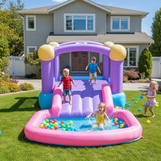 KRISRATE Inflatable Bounce House  - 161x82x63'' Jumping Castle with Blower, 50 Ocean Balls, Slide, Basketball Hoop & 6 Sticky Balls, Indoor Outdoor