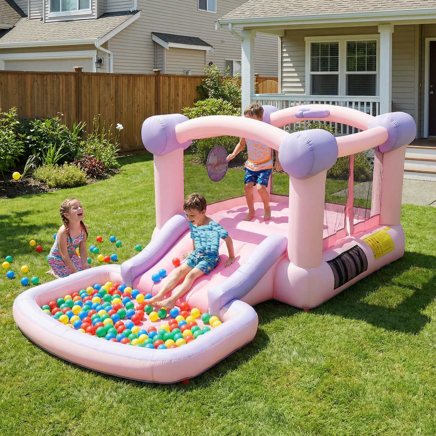 KRISRATE Bounce House with Ball Pit&50 Plastic Balls-161x82x63'' Pink Macaron Inflatable Bouncy Castle with Blower,Basketball Hoop for Indoor Outdoor