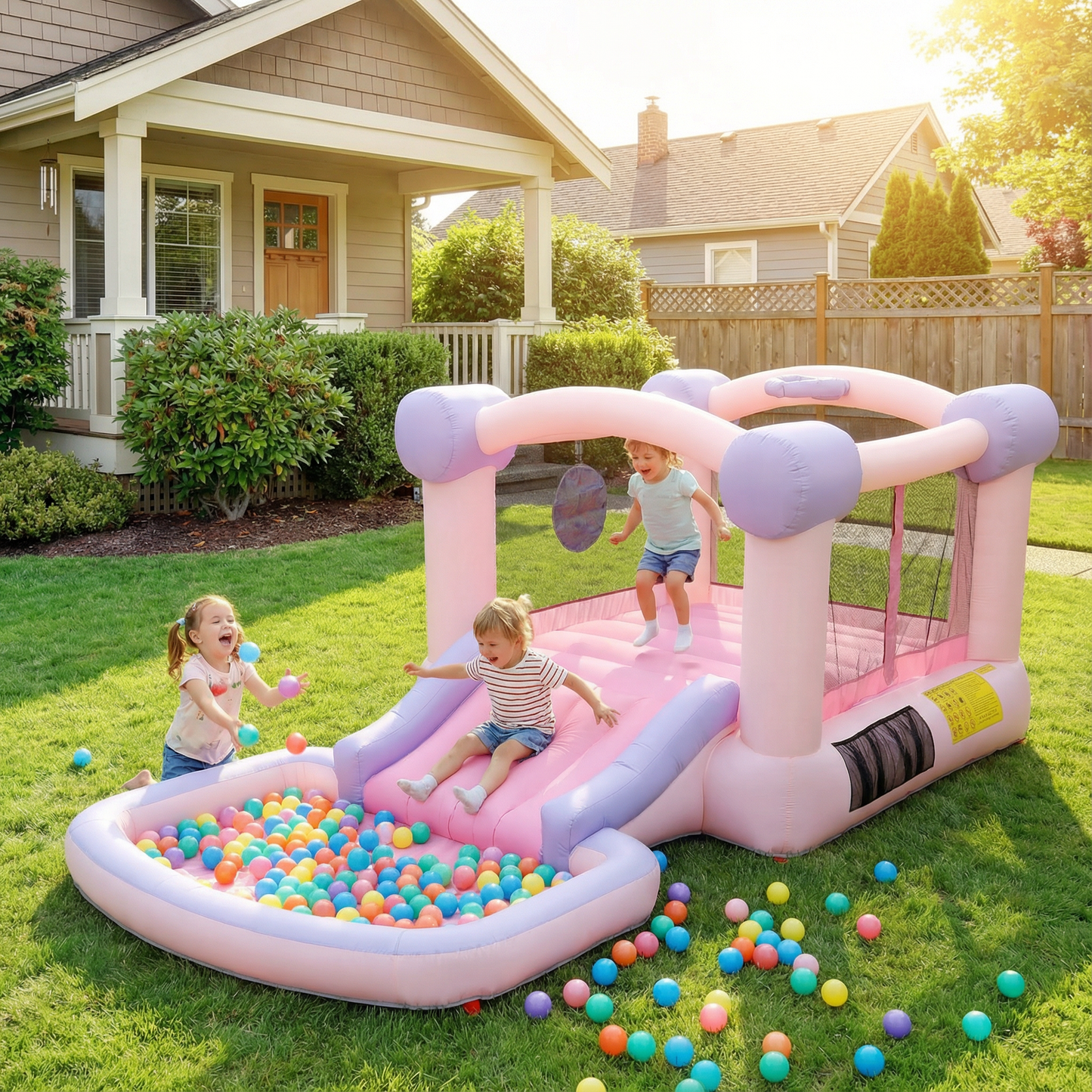 KRISRATE Bounce House with Ball Pit&50 Plastic Balls-161x82x63'' Pink Macaron Inflatable Bouncy Castle with Blower,Basketball Hoop for Indoor Outdoor
