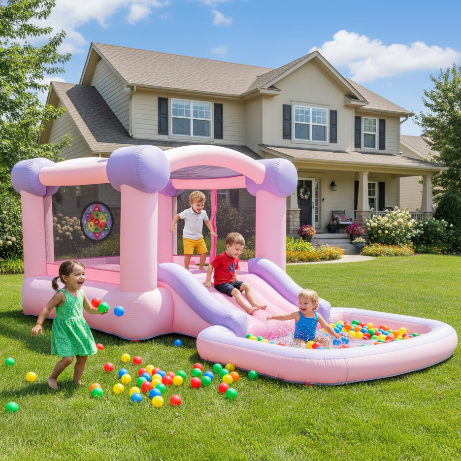KRISRATE Bounce House with Ball Pit&50 Plastic Balls-161x82x63'' Pink Macaron Inflatable Bouncy Castle with Blower,Basketball Hoop for Indoor Outdoor