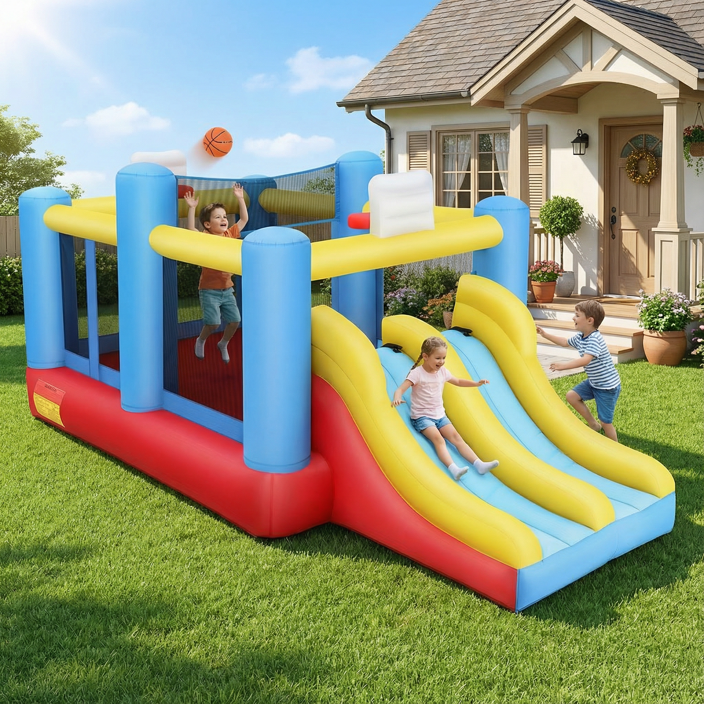 KRISRATE Bounce House 15x8ft with Dual Slides - Inflatable Bouncy Castle with 2 Basketball Hoops, Removable Volleyball Net &Blower for Indoor Outdoor