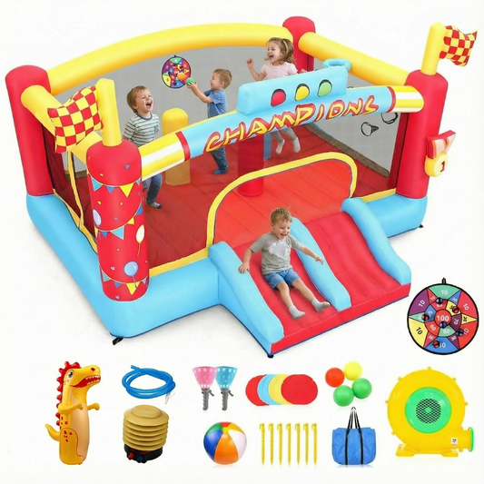 KRISRATE 13FT Large Inflatable Bounce House, Champion Theme Bouncy Castle with Blower, 2 Basketball Hoop, 2 Slide, Obstacle Poles & Target Toss Games