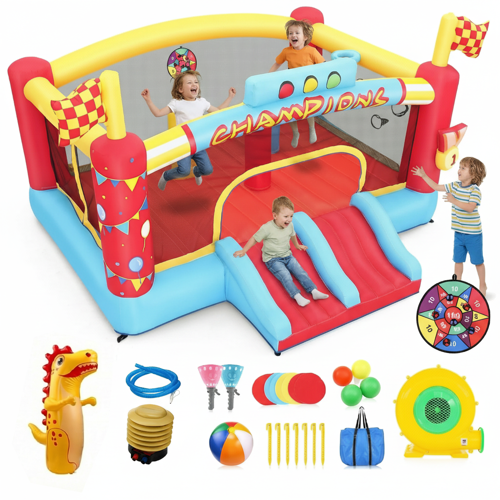KRISRATE 13FT Large Inflatable Bounce House, Champion Theme Bouncy Castle with Blower, 2 Basketball Hoop, 2 Slide, Obstacle Poles & Target Toss Games