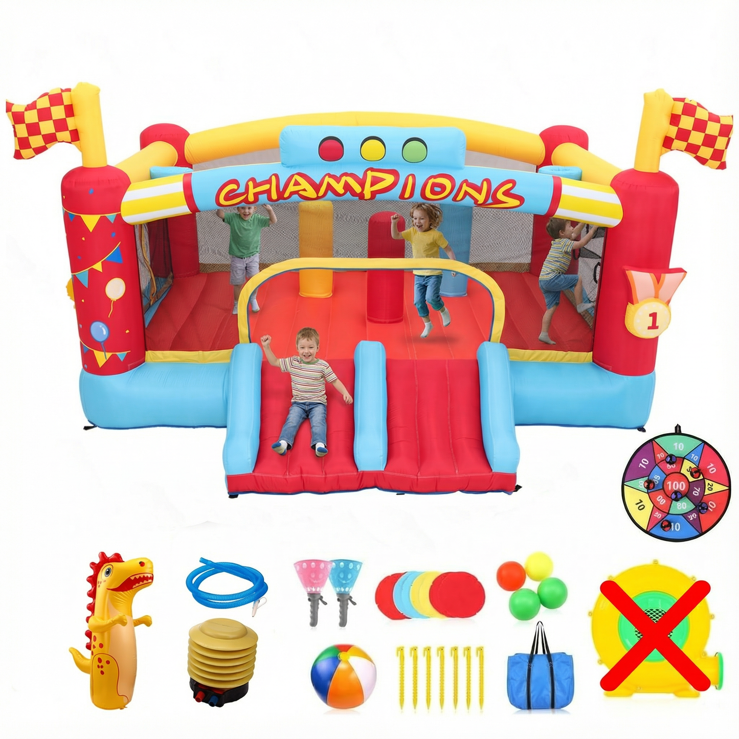 KRISRATE 13FT Large Inflatable Bounce House, Champion Theme Bouncy Castle with Blower, 2 Basketball Hoop, 2 Slide, Obstacle Poles & Target Toss Games