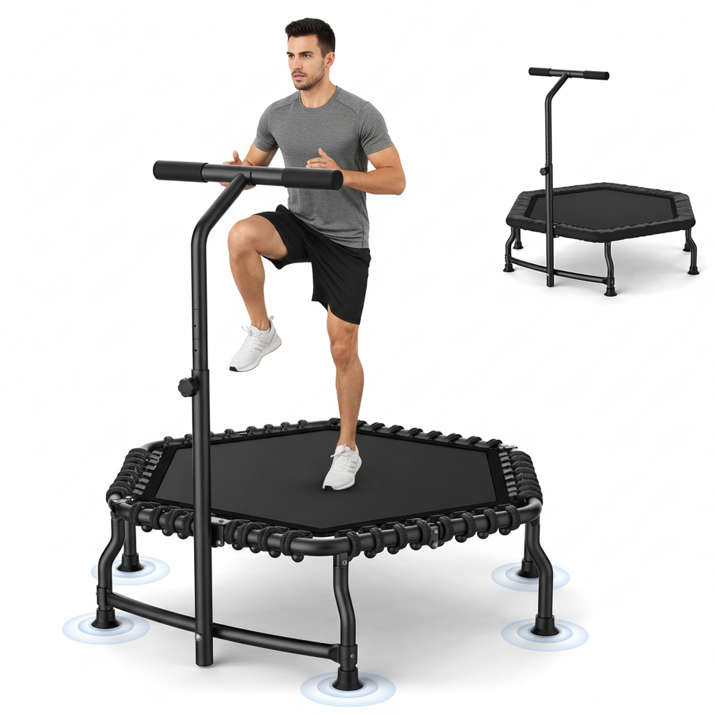 KRISRATE 50" Mini Trampoline Rebounder for Adults with Adjustable Bar, Foldable Fitness Trampoline 560LBS Capacity for Indoor Outdoor Home Gym Workout