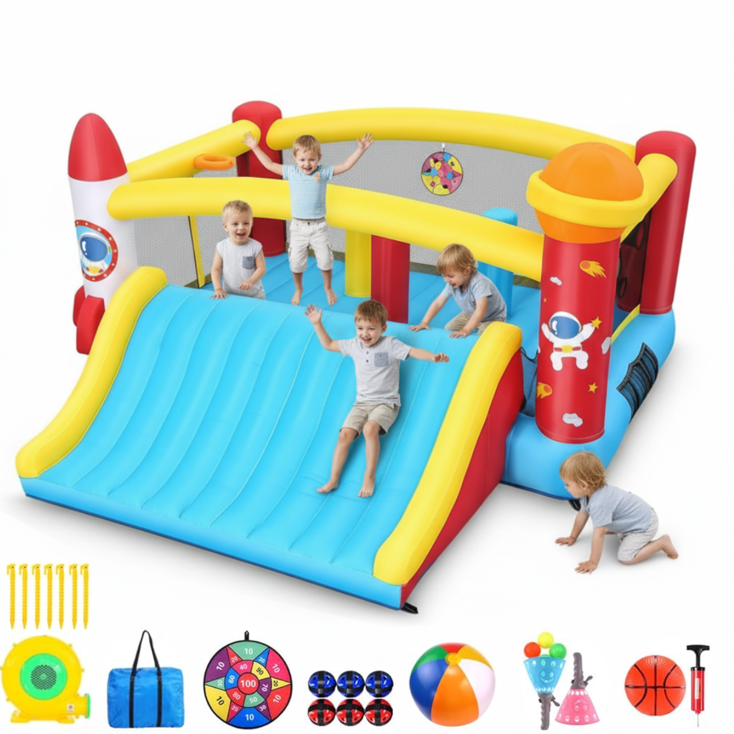 KRISRATE 13.4x13.4FT Inflatable Bounce House with Extra-Wide Slide, Space Rocket Castle Design, Obstacle Course & Blower for Indoor Outdoor Party Fun