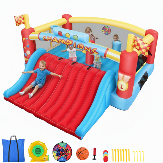 KRISRATE Extra Large Inflatable Bounce House, Giant Bouncy Castle with Wide Slide, Basketball Hoops, Obstacle Course, Target Games & 550W Blower