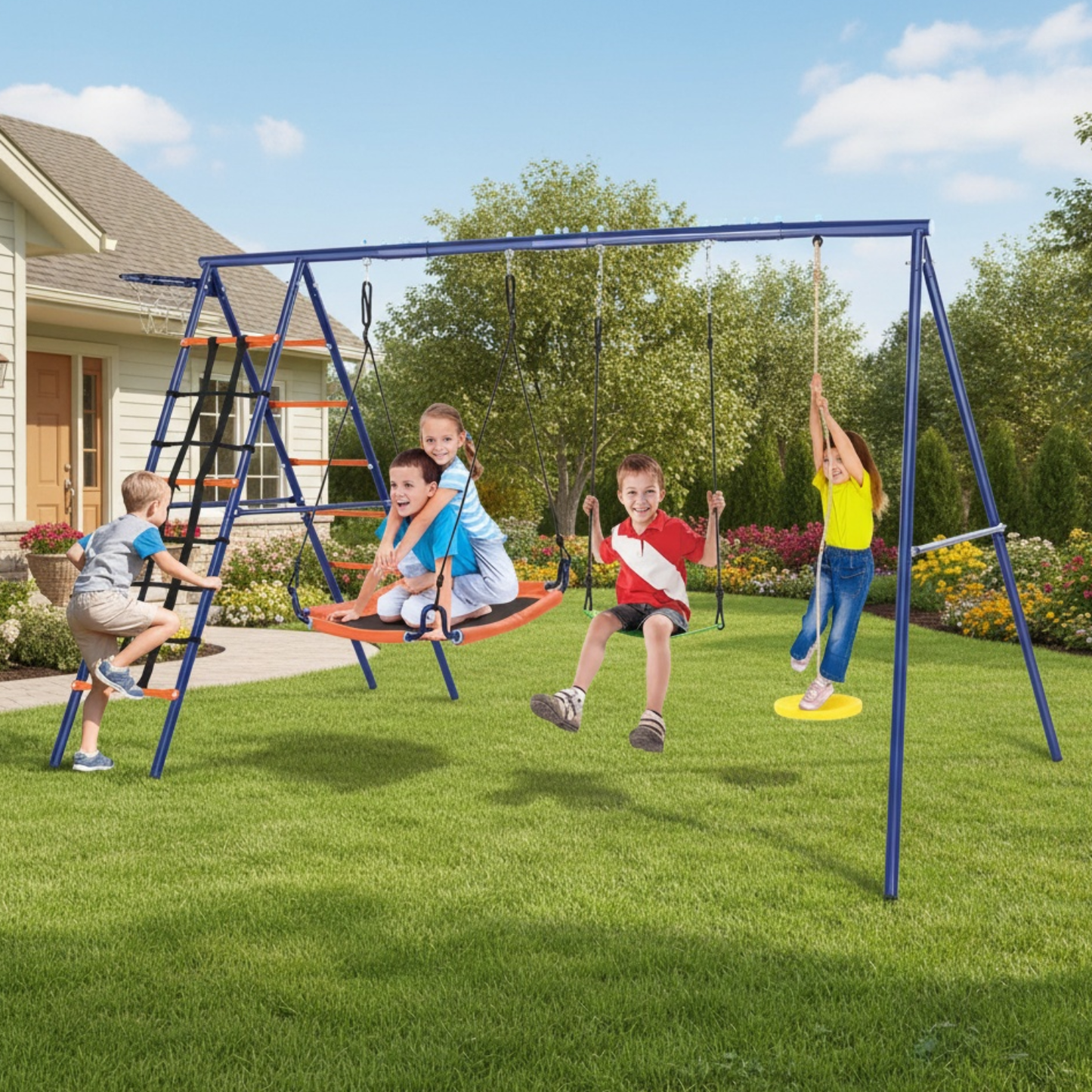 KRISRATE Swing Set for Backyard - Heavy Duty 6 in 1 Playground Set 550lbs Capacity with 3 Adjustable Swings Climbing Net Ladder Basketball Hoop