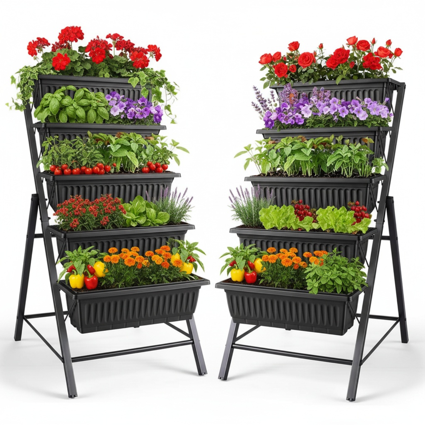 KRISRATE 2 Pack 5-Tier Vertical Raised Garden Bed,23"×26"×45" Elevated Planter Boxes with Hooks for Vegetables Herbs Flowers,Outdoor Indoor Garden Bed