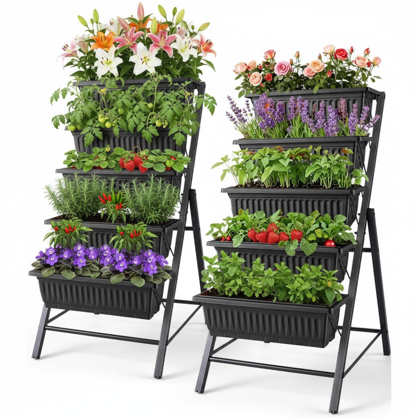 KRISRATE 2 Pack 5-Tier Vertical Raised Garden Bed,23"×26"×45" Elevated Planter Boxes with Hooks for Vegetables Herbs Flowers,Outdoor Indoor Garden Bed