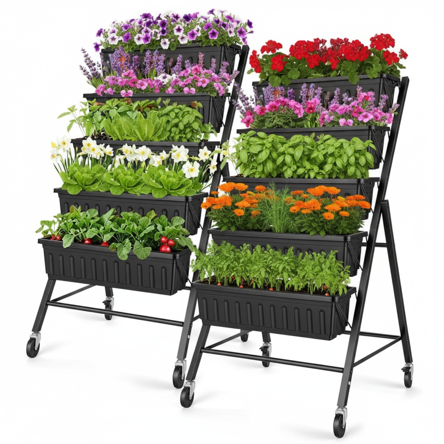 KRISRATE 2 Pack 5-Tier Vertical Raised Garden Bed with Wheels, 27"×30"×48" Elevated Planter Boxes with Hooks, Mobile Vegetable Herb Flower Stand Black