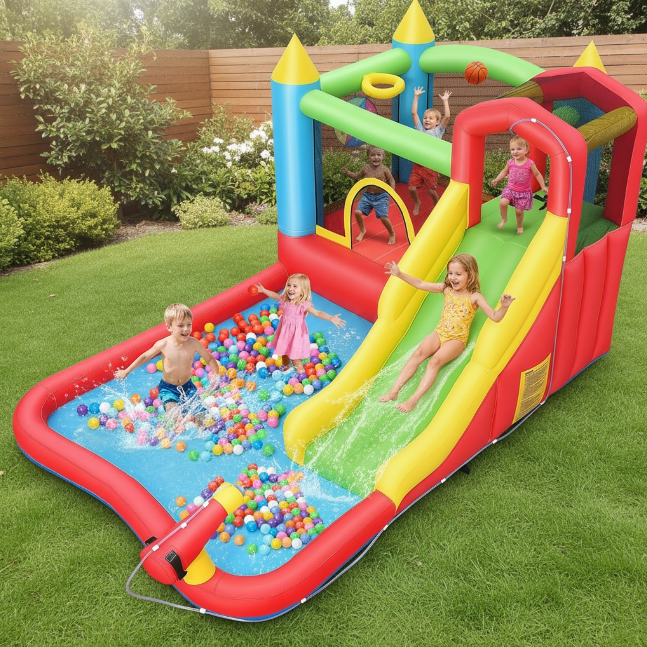 KRISRATE Inflatable Bounce House with Slide - 8-in-1 Bouncy Castle with Trampoline, Ball Pit, Climbing Wall & Water Sprayer, 370W Blower, Ages 3-12