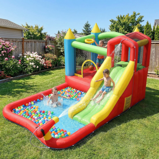 KRISRATE Inflatable Bounce House with Slide - 8-in-1 Bouncy Castle with Trampoline, Ball Pit, Climbing Wall & Water Sprayer, 370W Blower, Ages 3-12