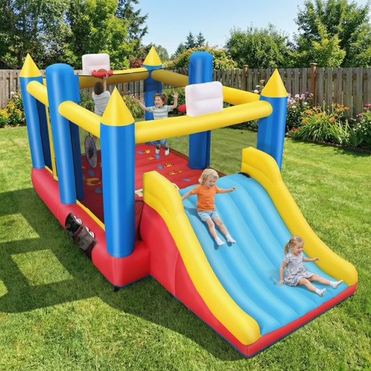 KRISRATE Inflatable Bounce House for Kids 3-12, 15.2x8.3x7ft Multi-Activity Bouncy Castle with Extra Wide Slide, Dual Basketball Hoops, 480W Blower