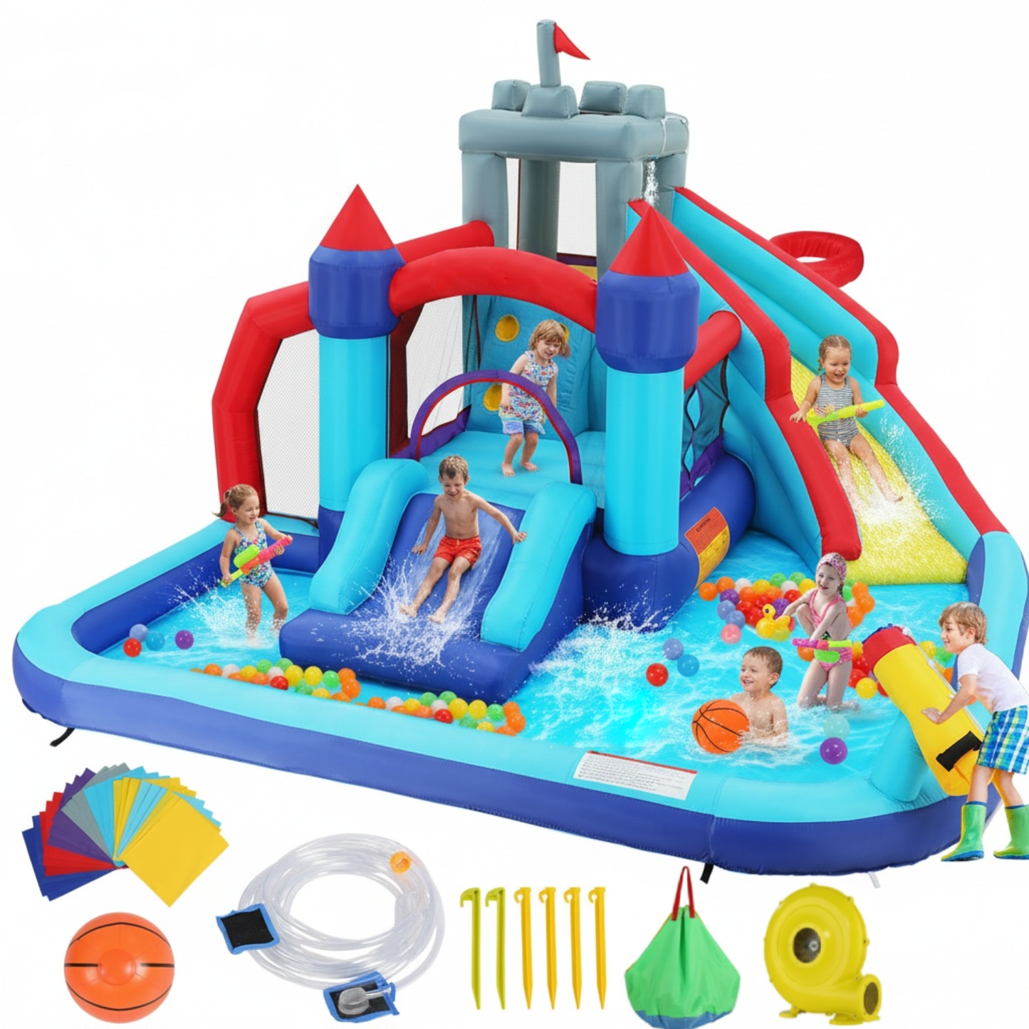 KRISRATE Inflatable Water Slides Park for Kids 3-12, Bounce House with Double Slides, Climbing Wall, Splash Pool & 580W Blower for Backyard Summer Fun