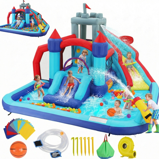 KRISRATE Inflatable Water Slides for Kids Backyard, Bounce House with Double Slides, Climbing Wall, Splash Pool & 580W Blower for Backyard Summer Fun