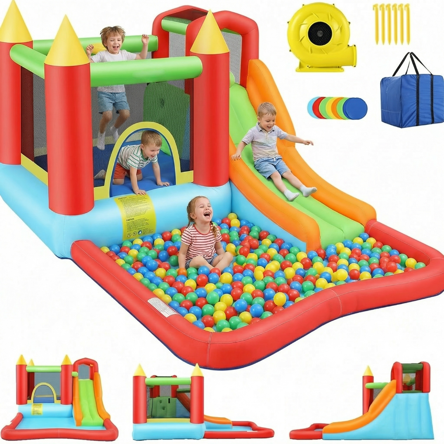 KRISRATE Inflatable Bounce House 12 x 9FT, Water Park Bouncy Castle with Long Slide, Climbing Wall, Basketball Hoop & Splash Pool for Outdoor Backyard